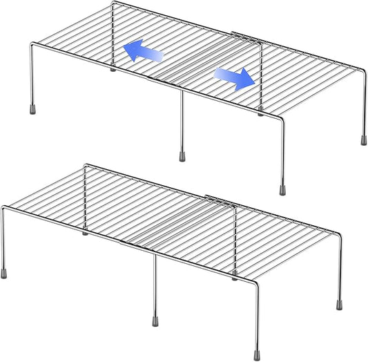 Redrubbit Cabinet Storage Shelf Rack, 4 Piece Expandable Metal Rustproof Kitchen Counter and Cabinet Shelf, Storage Rack Organizer Space Saver for Kitchen, Fridge, Cabinet, Bathroom, Chrome, Set of 2