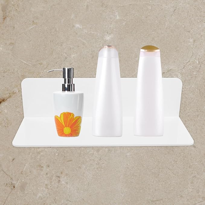 Gatuida Acrylic Floating Shelf with Cable Clips White Floating Shelf Wall Storage Bracket for Living Room and Kitchen No-Drill Adhesive Bathroom Wall Organizer