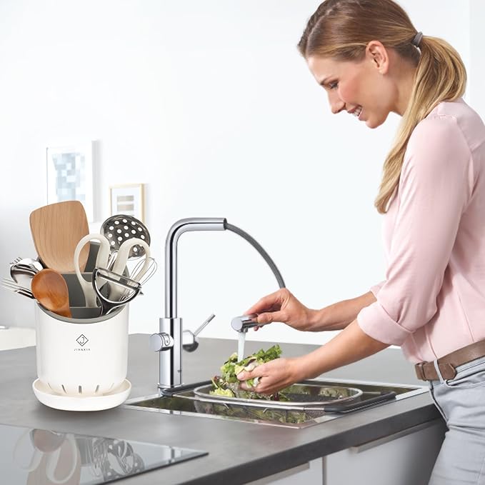 Utensil Drying Holder for Kitchen Counter，Kitchen Utensil Crock with Detachable Base Self Draining Small Utensil Cutlery Flatware Silverware Holder Drainer Cup（White）