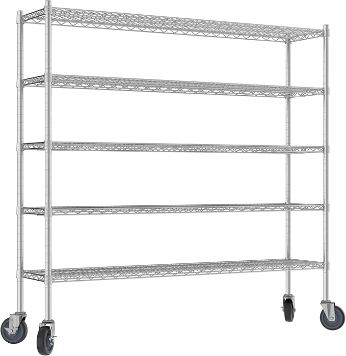 Commercial NSF Listed Chrome Mobile Wire Shelving Kit 14" x 60" x 60", with 5 Shelves Perfect for Warehouse, Walk-in Refrigerator, Freezer, Grocery Store, Restaurant, Dishroom
