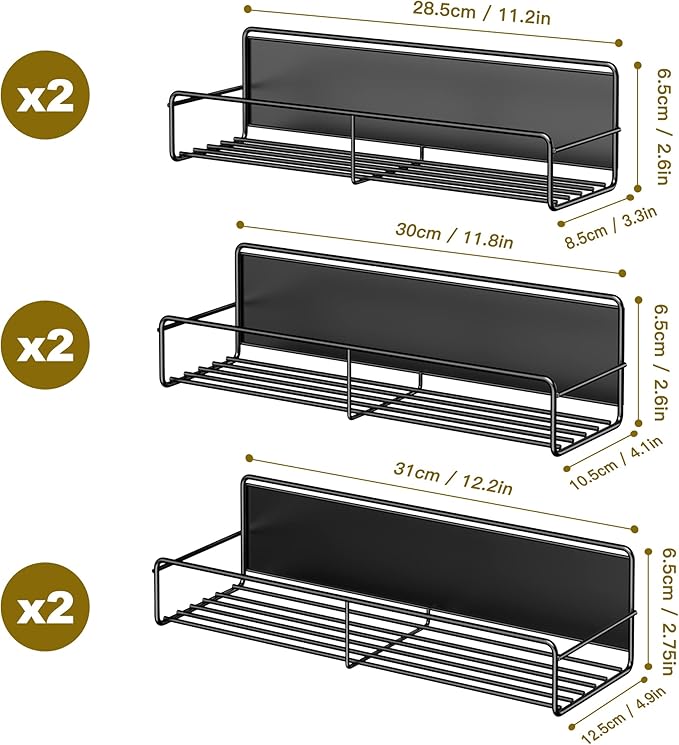 Mystozer 6 Pack Magnetic Spice Rack Organizer, Space Saver for Refrigerator and Whiteboard, Metal Fridge Shelf for Kitchen and Classroom, Black