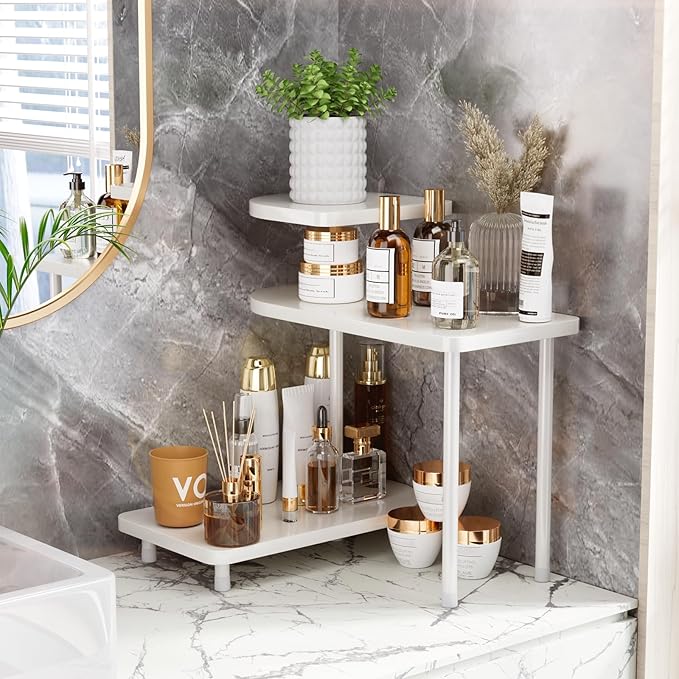 REFGY 3-Tier Bathroom Counter Organizer, Versatile Corner Vanity Shelf with Rotating Trays, Premium Metal and Wood-Texture Storage Rack for Skincare, Perfume, Kitchen Spice, and Home Decor, White