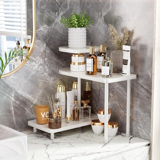 REFGY 3-Tier Bathroom Counter Organizer, Versatile Corner Vanity Shelf with Rotating Trays, Premium Metal and Wood-Texture Storage Rack for Skincare, Perfume, Kitchen Spice, and Home Decor, White