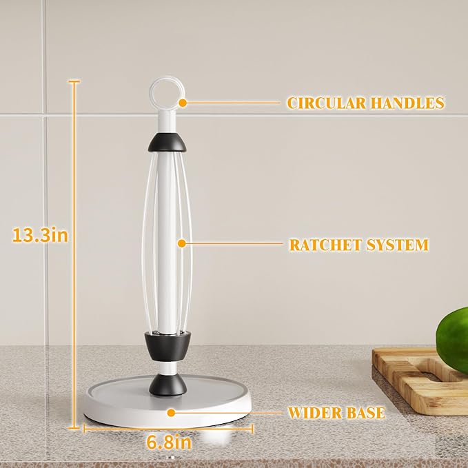 White Paper Towel Holder Countertop, White Kitchen Accessories Decor, One-Handed Tear, Stainless Steel, Weighted Base, Paper Towel Holder Stand with Ratchet System for Kitchen Farmhouse Essentials