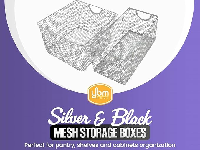YBM Home Kitchen Pantry Organizer Wire Basket for Shelves, Cabinets, Pantry, Countertop, Mesh Open Storage Bin Metal Basket for Organizing Food Supplies 13.3x8.5x6.5, Pack of 3, Silver