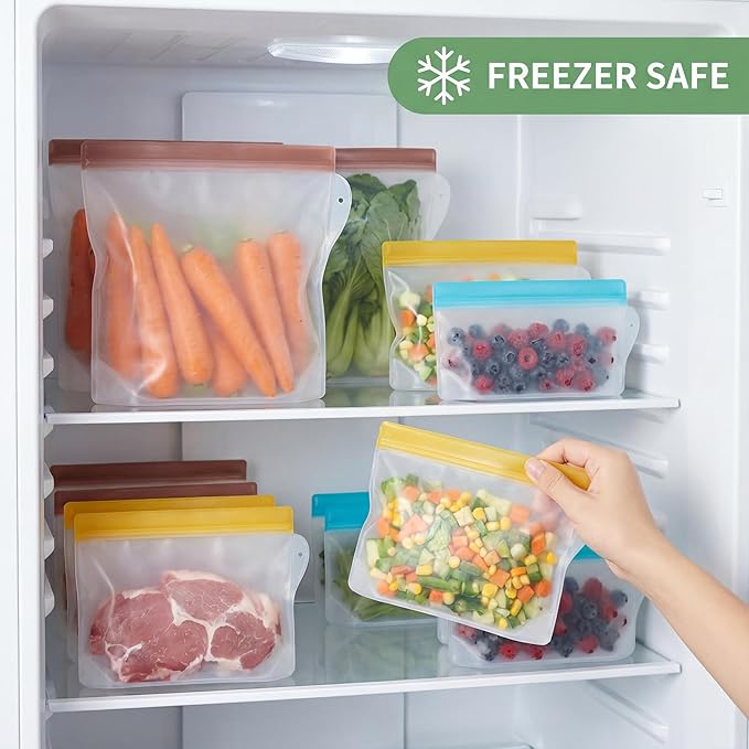 RLAVBL 12 Pack Reusable Freezer Bags, Leakproof Food Storage Bags for Vegetable, Liquid, Snack, Meat, Sandwich - 3 Gallon 4 Sandwich 5 Snack Bags