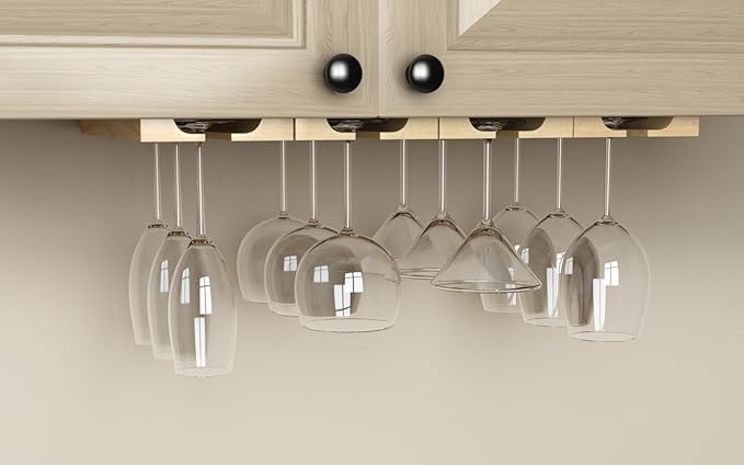 Rustic State Vigo Wine Glass Rack Under Cabinet - Wine Glass Holder Under Cabinet Wooden Stemware Holders - 4 Adjustable Rows - Up to 12 Wine Glass Capacity - 12 Inch Depth - Natural