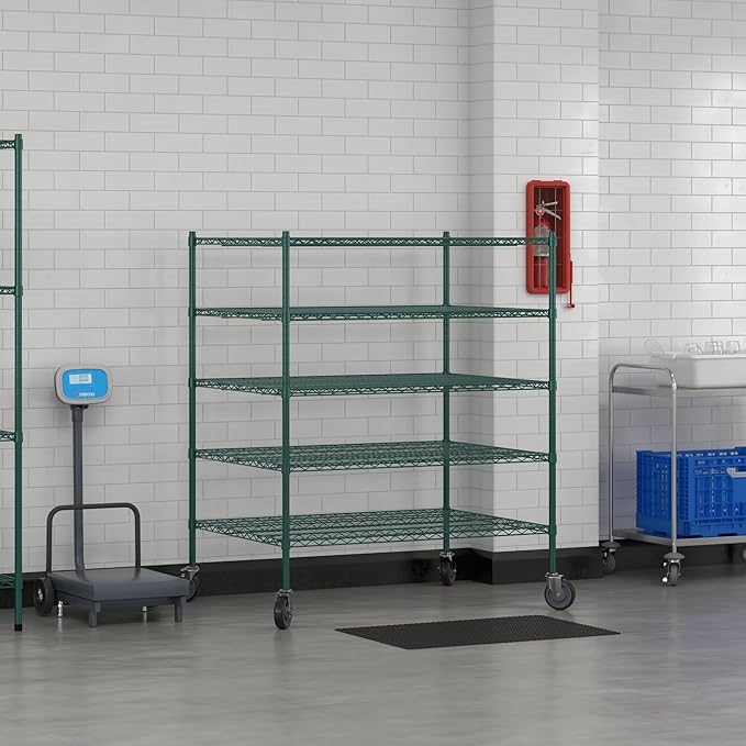 Commercial NSF Listed Green Epoxy Mobile Wire Shelving Kit 36" x 48" x 60", with 5 Shelves Perfect for Warehouse, Walk-in Refrigerator, Freezer, Grocery Store, Restaurant, Dishroom