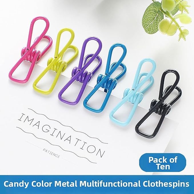 10 Pack Chip Clips, Bag Clips, Clothes Pins | Reusable Metal Heavy Duty PVC-Coated Wire Utility Food Clip for Kitchen, Laundry Clothespins, Office | Rustproof Waterproof Durable | Assorted Colors