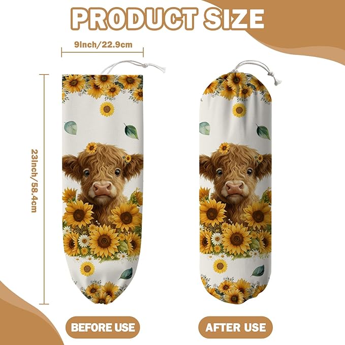 Plastic Bag Holder, Grocery Bag Organizer Storage, Kitchen Dispenser Holders Reusable Shopping with Adjustment Drawstring Closure for Kitchen Farmhouse Decor, Highland Cow