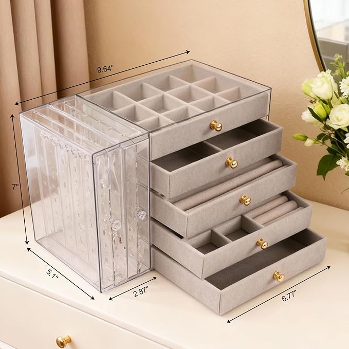 Greenfeather Jewelry Organizer with 7 Removable Drawers, Clear Acrylic Jewelry Box with 16 Necklace Hooks, 48 Pairs of Earring Holes, 5 Velvet-Lined Drawers for Rings, Bracelets, Necklaces,Gray