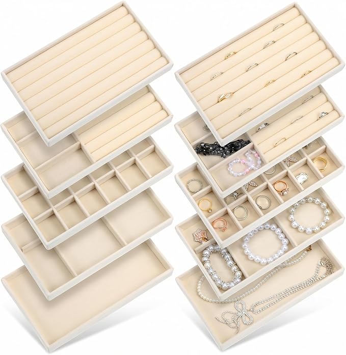 10 Pack Beige Jewelry Organizer Tray, Jewelry Drawer Organizer Inserts with Removable Dividers Stackable Velvet Ring Earring Storage for Rings Earrings Necklace Bracelet Watch Storage