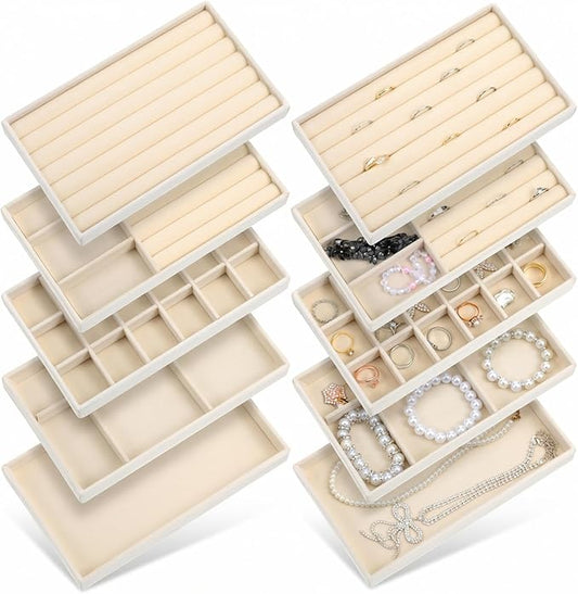 10 Pack Beige Jewelry Organizer Tray, Jewelry Drawer Organizer Inserts with Removable Dividers Stackable Velvet Ring Earring Storage for Rings Earrings Necklace Bracelet Watch Storage