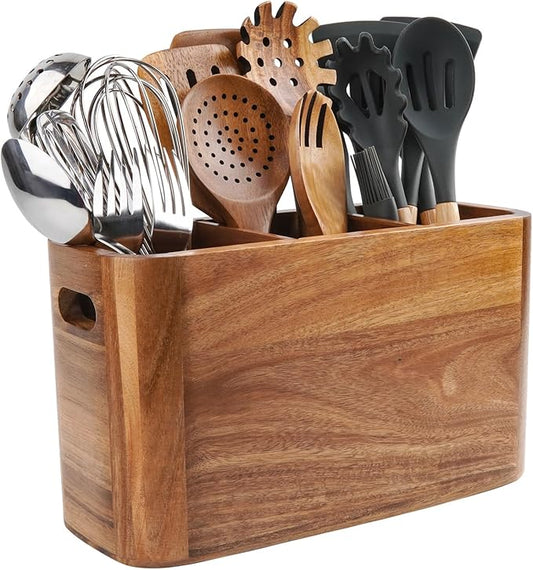 Large Acacia Wood Utensil Holder with 3 Compartments for Kitchen Counter, Extra Large Farmhouse Wooden Utensil Organizer for Cooking Tools and Silverware