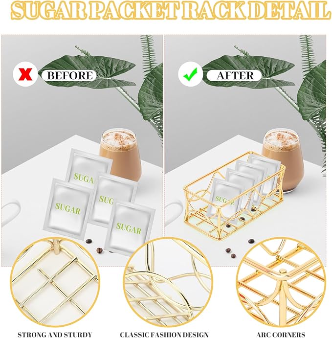 DLUGOPIS 2 Pcs Gold Sugar Packet Holder Metal Tea Bag Organizer Sugar Caddy Coffee Creamer Tea Bag Caddy for Coffee Bar Kitchen Home 4.5*2.2*1.8 Inch