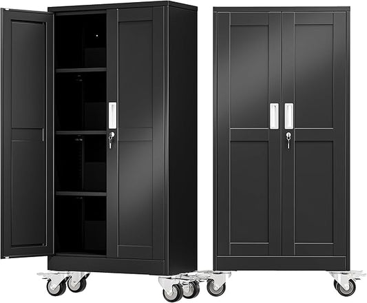 61" Tall Metal Garage Storage Cabinet with Wheels and Locking Doors and Tall Rolling Steel Tool Cabinet with 3 Adjustable Shelves for Garage,Home,Office,Shop (Black)