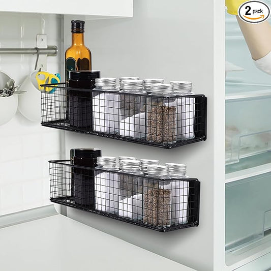 2 Pack Magnetic Basket for Fridge, Magnetic Spice Rack for Side of Refrigerator, Magnet Wire Bin Basket Fridge Shelf Organizer Kitchen Classroom Whiteboard Pantry Office Laundry Storage, Black