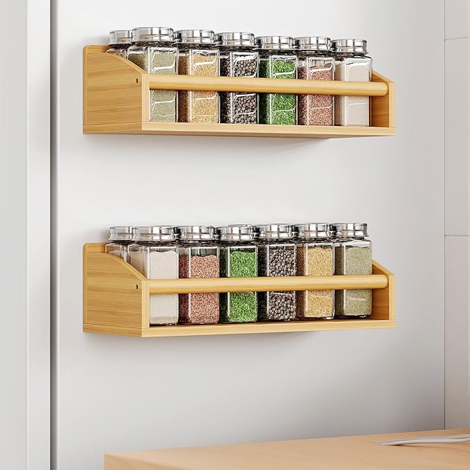 Mystozer 2 Pack Magnetic Spick Rack for Refrigerator, Fridge Organizer Shelf, Bamboo Wood