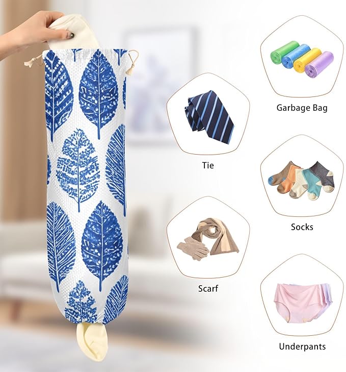 Plastic Bag Holder Wall Mount Grocery Bag Shopping Bag Storage Holder Organizer Dispenser with Adhesive Hook,for Kitchen Bathroom Home Decor 9x22 Inches Watercolor Blue Boho Leaf09