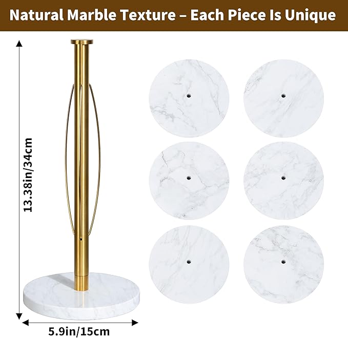 YIGII Marble Base Gold Paper Towel Holder Countertop - Standing Paper Towel Roll Holder with Weighted Base, Papertowel Holder for Kitchen, White Marble & Gold Rod