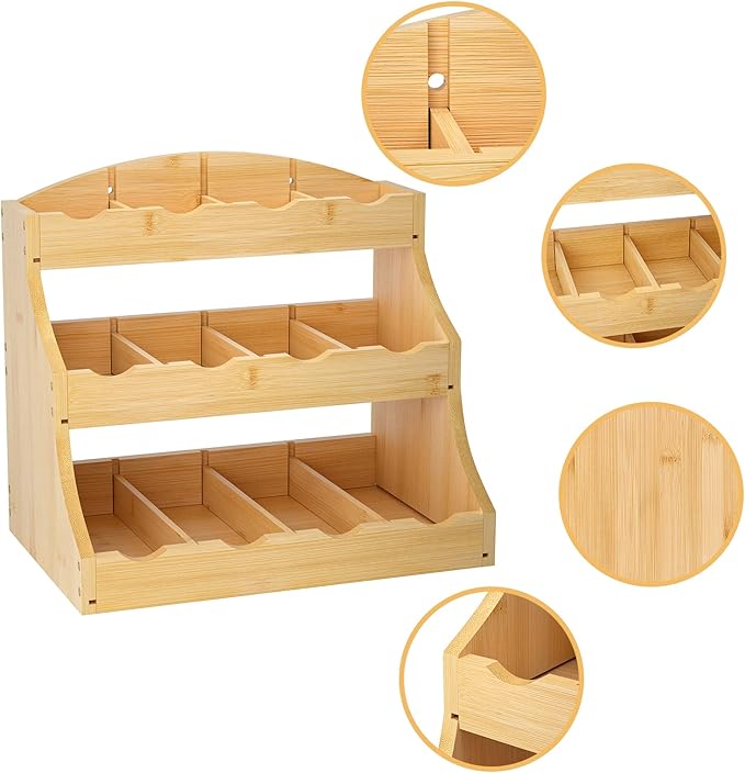 Bamboo Tea Bag Organizer, 3-Tier Tea Bag Holder Stores Over 240 Tea Bags, Tea Station for Coffee Capsules, Creamer, Sweetener, Sugar - Removable Divider (Self-assembly)