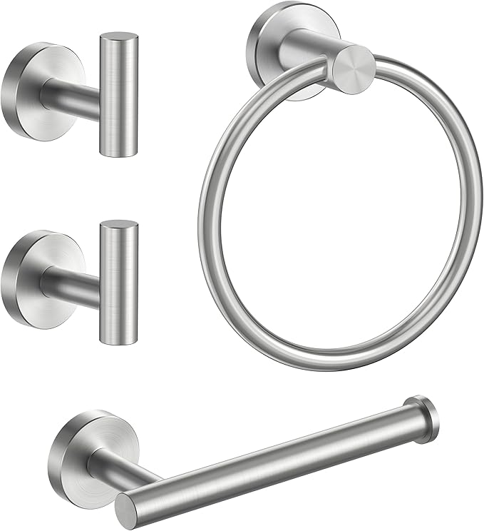 FORIOUS 4 Piece Bathroom Accessories, SUS304 Stainless Steel Toilet Paper Holder, Towel Ring and 2 Towel Hooks, Wall Mounted Bathroom Hardware Set (Brushed Nickel)