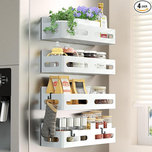 4 Pack Strong Magnetic Spice Rack for Refrigerator, Multipurpose Magnetic Shelf for Fridge with 4 Hooks for kitchen and Bathroom Organization, White