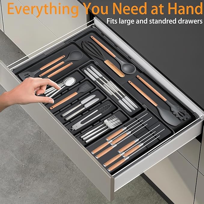 Extra Large Expandable Silverware Organizer, BPA-Free Food-Safe Cutlery Holder, Adjustable Kitchen Utensil Drawer Organizer for Spoons Forks Knives (Black)