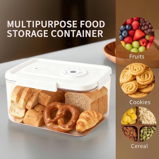 Bread Box with Vacuum Pump,Airtight Bread Box with Lid Time Recording, vacuum seal Bread Container，Reliable Material, Multiple Uses for Storging Fruits Cereal