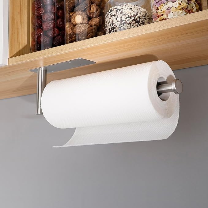 Paper Towel Holder Under Cabinet, Single Hand Operable Paper Towel Roll Holder with Damping Effect, Self-Adhesive or Drilled Stainless Steel Paper Towel Holder for Kitchen Bathroom RV