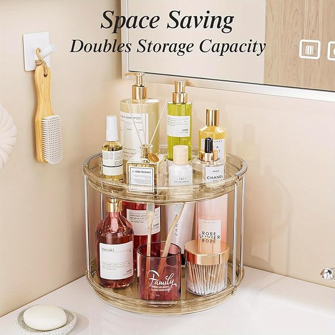 2 Tier Lazy Susan Organizer, 9.25'' Spice Rack for Cabinet, Stackable Turntable Organizer Rotating Makeup Organization for Kitchen Countertop, Pantry, Bathroom, 1PC ﻿