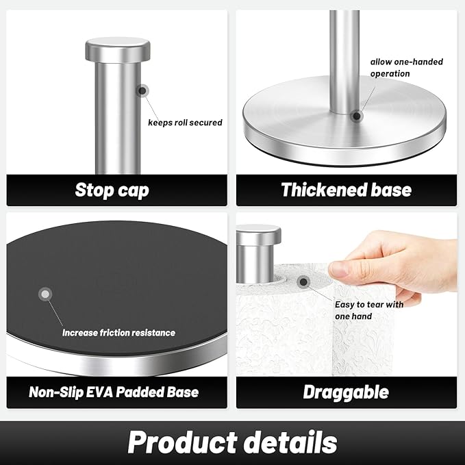 VEHHE Paper Towel Holder Countertop, Weighted Non-Slip Base, Stainless Steel Paper Towel Holder for Kitchen Bathroom (Silver)