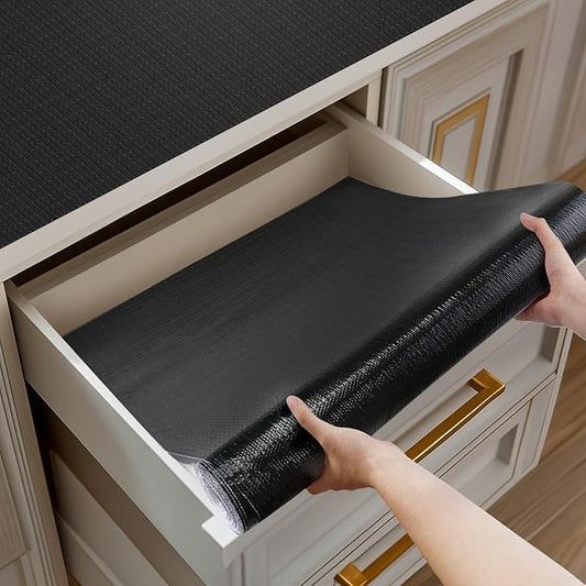 Shinlendid Shelf and Drawer Liner for Kitchen Cabinets Non-Adhesive, Strong Grip Non-Slip Thickened Cabinet Liners for Shelves, Waterproof Mats for Dresser Cupboard, Black, 12 in x 10 Feet