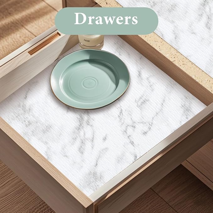 Drawer and Shelf Liner for Kitchen Cabinet: 23.6 in X 40 Ft Non Slip Waterproof Shelf Paper Non Adhesive Refrigerator Liners White Marble Easy Liners for Bathroom with Knife Tape Measure