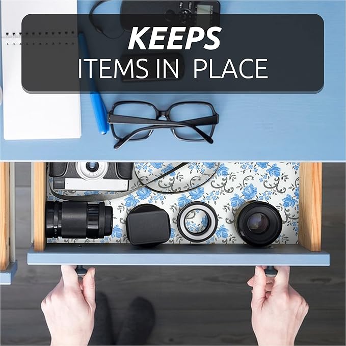 FIFTY FEET 18X96 Inch Shelf Liner for Kitchen Cabinets, PVC Drawer Liner for Dresser Non-Slip Bathroom, Non-Adhesive Cabinet Liner Washable (Blue Floral)(9 Roll)