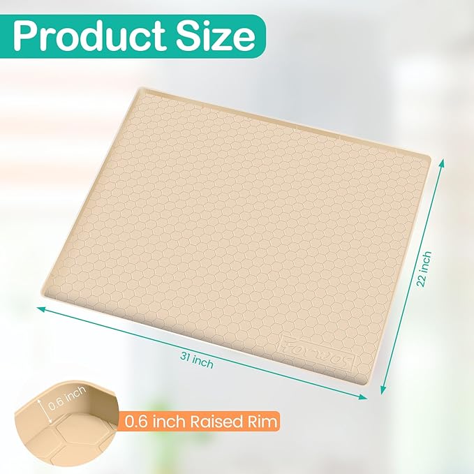 FORWOS Waterproof Under Sink Mat 31" x 22", Silicone Cabinet Liner, Rubber Protector for Kitchen and Bathroom, Keeps Cabinets Clean, Dry, and Organized (Beige)