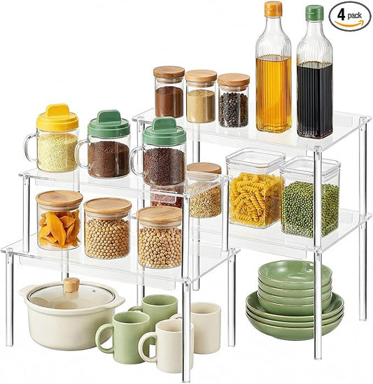 Clear Acrylic Cabinet Organizer, Set of 4 Stackable Shelf Risers, Spice Rack for Kitchen Pantry Storage, Countertop and Desk Organizer, House Essential Gift