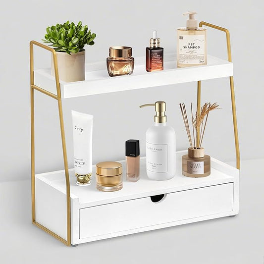 2-Tier Bathroom Organizer Countertop with Drawer, Wood Counter Organizer for Bathroom Decor, Sink Shelf for Vanity Storage, Makeup Tray for Perfume Skincare Bedroom Kitchen Corner