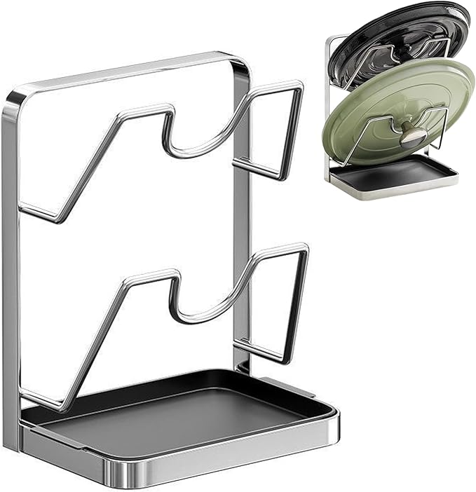 304 Stainless Steel Pot Lid Holder with Drip Tray- Pot Lid Rack While Cooking - Multifunctional Pot Lid & Cutting Board Holder - Kitchen Pot Lid Storage Rack