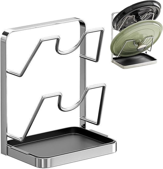 304 Stainless Steel Pot Lid Holder with Drip Tray- Pot Lid Rack While Cooking - Multifunctional Pot Lid & Cutting Board Holder - Kitchen Pot Lid Storage Rack