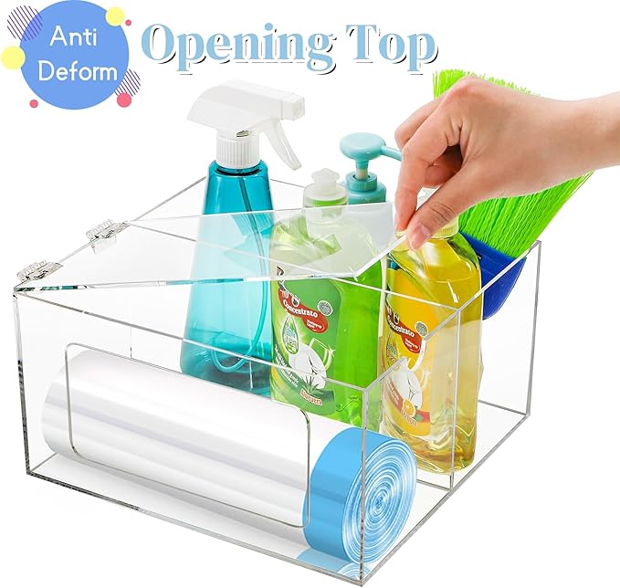 Acrylic Trash Bag Dispenser Holder, 2 in 1 Garbage Bag Roll Holder Under Sink, Standard Grocery Bags Storage Container with Lid, Laundry Storage Organizer Bin for Kitchen, Bathroom, Pantry
