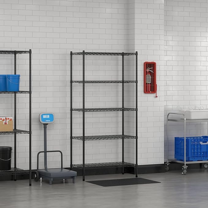Commercial NSF Listed Black Epoxy Stationary Wire Shelving Kit 18" x 36" x 74", with 5 Shelves Perfect for Warehouse, Walk-in Refrigerator, Freezer, Grocery Store, Restaurant, Dishroom