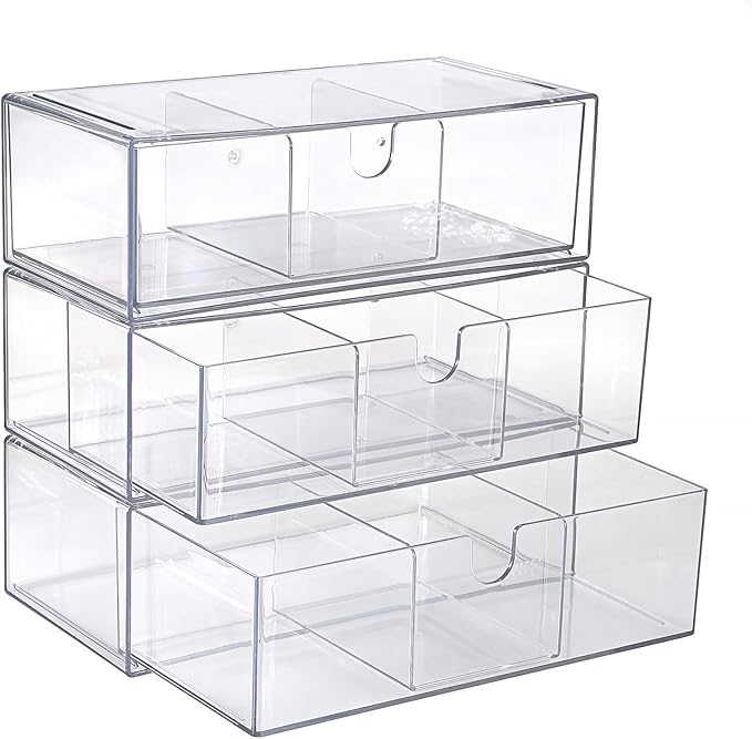 Hipiwe Acrylic Storage Drawers 3-Tier Stackable Bathroom Makeup Organizer Cotton Swabs Qtip Holder for Vanity Cosmetics Clear Desktop Organizer with Removable Dividers, 8.1"Lx 3.9"Wx7.8"H