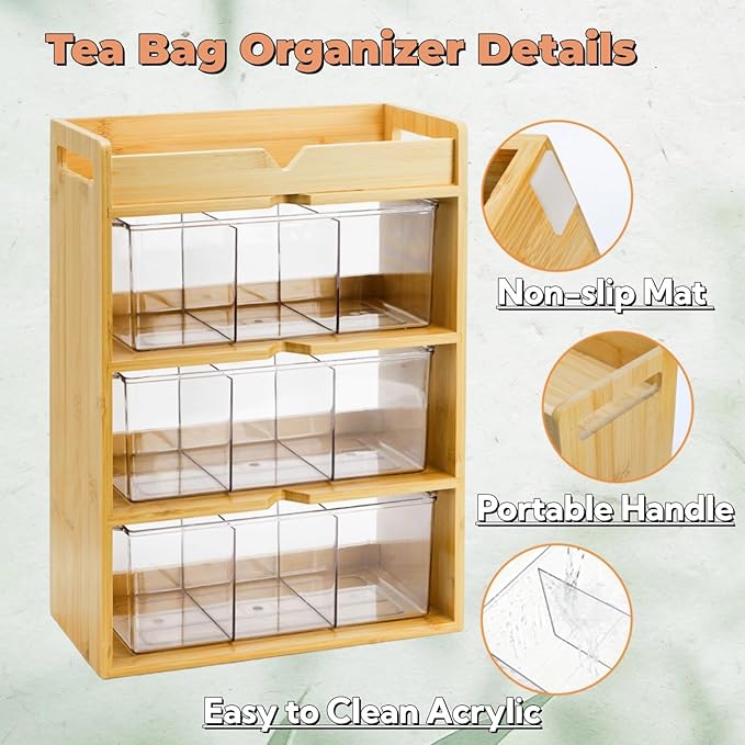 4 Tier Bamboo Tea Bag Storage Organizer, 15.5" x 11" x 5.3" Vertical Tea Packet Rack with Acrylic Drawer, Store Over 180 Tea Bags Wood Tea Station for Creamers Countertop Office Kitchen