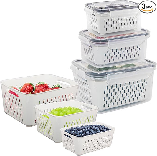 Fruit Storage Containers for Fridge - 3 Pack Food Refrigerator Organizer Basket Bins Set with Vent Lids and Removable Colander, Fruits, Produce, Vegetables, Salad, Lettuce, Berries, Saver Fresh Keeper