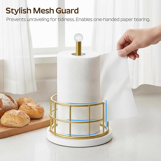 Paper Towel Holder, Kitchen Paper Towel Holder for Countertop, Gold Paper Towel Stand with Wooden Base, Freestanding Kitchen Roll Holder, for Standard Size Rolls, Gold CJ05DW