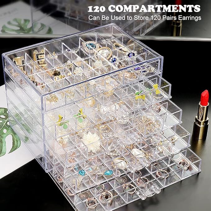 Earring Storage Box Acrylic Jewelry Storage Holder Ring Clear Plastic Transparent Jewelry Display Stand with 5 Drawers 120 Small Compartment Tray for Women Girls