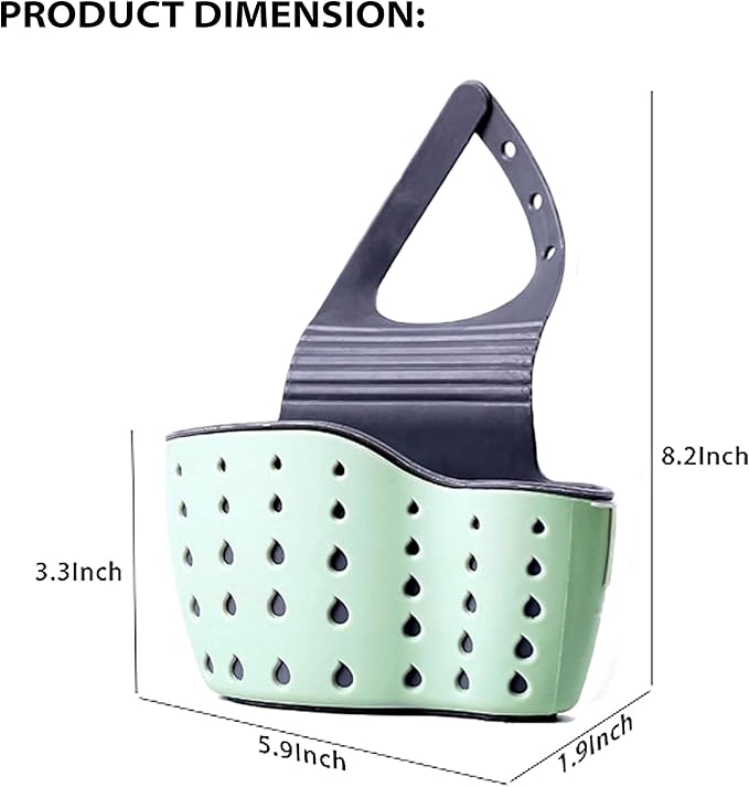 Kitchen Sink Caddy - Silicone Plastic Soap Sponge Holder - BPA-free Rack - Faucet Caddy with Drain Holes for Drying - Adjustable Hanging Strap (Light Green)