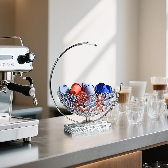 Metal & Crystal Coffee Pod Holder & Candy Basket - Elegant Multipurpose Storage Organizer for K Cups, Espresso Pods, Treats - Kitchen, Office, Home Bar (Silver, 1 PC)