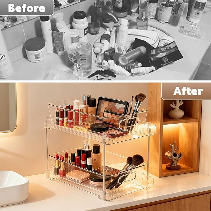 Under Sink Organizer 2-Tier Under Cabinet Organizer, Clear Under Sink and Pull-Out Cabinet Organizer for Kitchen and Pantry Storage